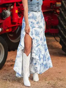 Summer Floral Print Ruffle Boho Maxi Skirt RCWJ05108 Women's Knit Bottoms High Waist Wide Leg Skirt - Hip Womenswear Apparel 2025 Women Apparel - Sleeve, Piece Blue Bohemian