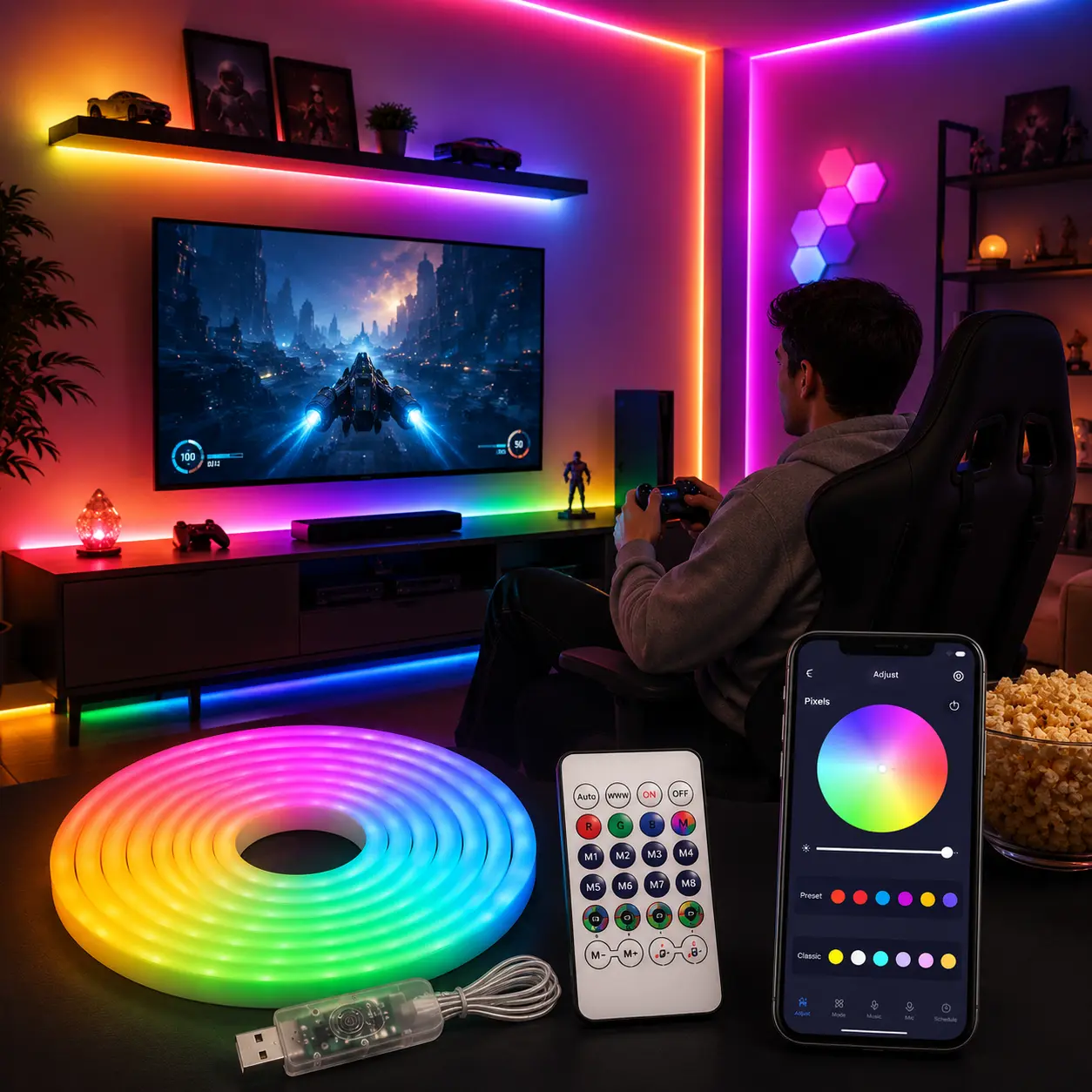 Gaming Room Lights, 5M RGBIC Neon Rope Light with Music Sync, Bluetooth App and Remote Control, USB Powered Segmented Color Lighting for Gaming Desk, Computer Setup and Game Room Decor,Summerwins
