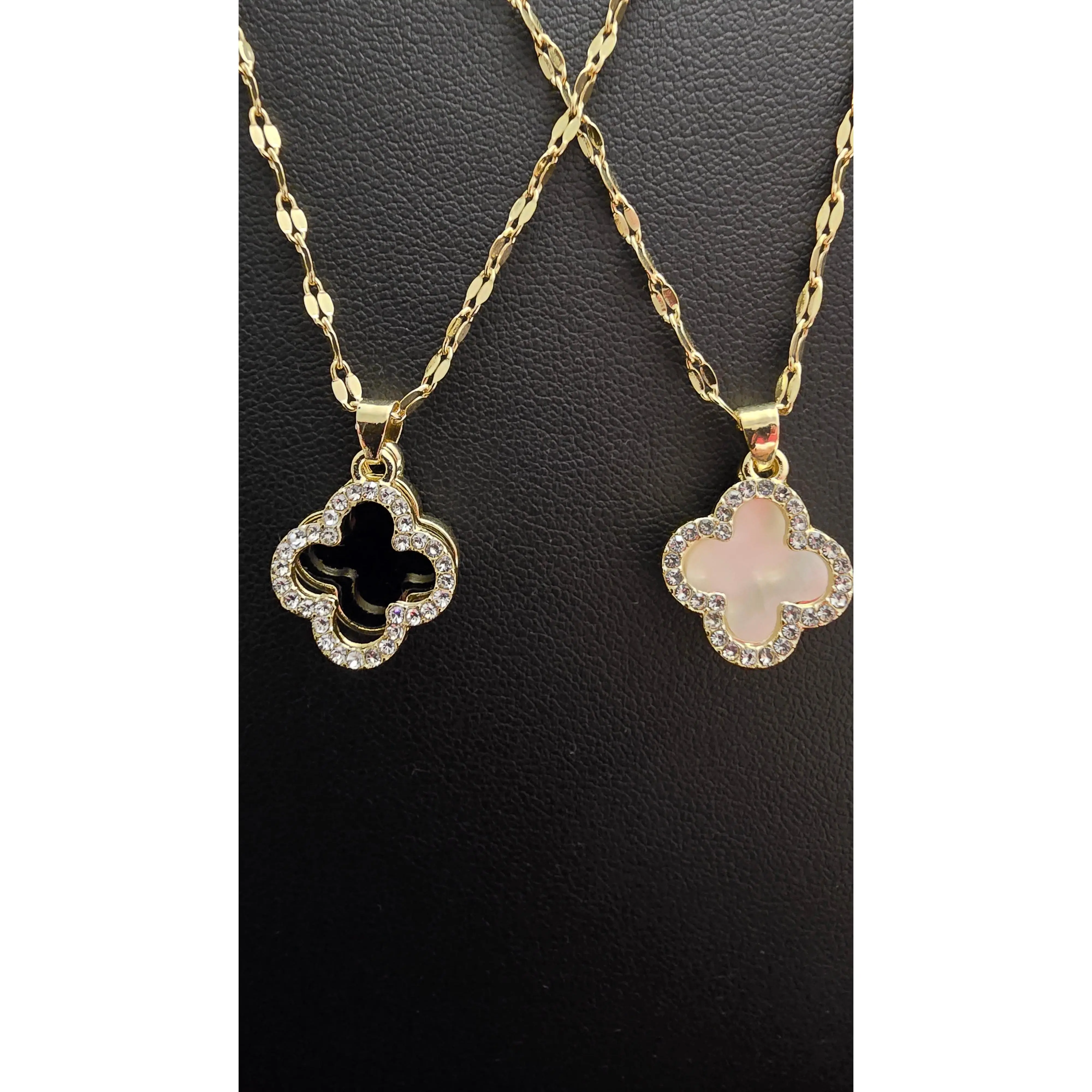 Dainty Necklace Choker with Four Leaf Clover In Black or White color Pendant in Gold Tone Lip Style Chain, 16 inch with 2inch extender