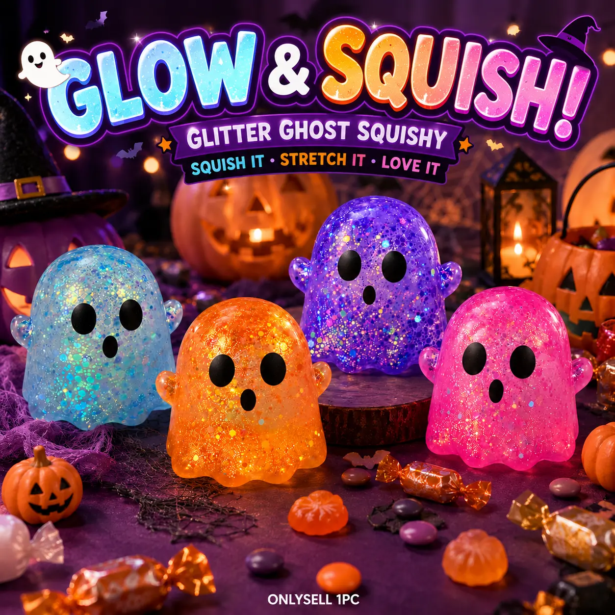 Cute Glitter Ghost sqiushy Toy,Vibrant Sparkely Squeeze Fidget for Halloween,Sensory Play Perfect Gift for Kids School Party,Halloween Squishy Toy Ghost Stress Relief,Classroom Reward Gift,Cute Halloween Ghost Slow Rising Squishy Toy,Back to School Gift