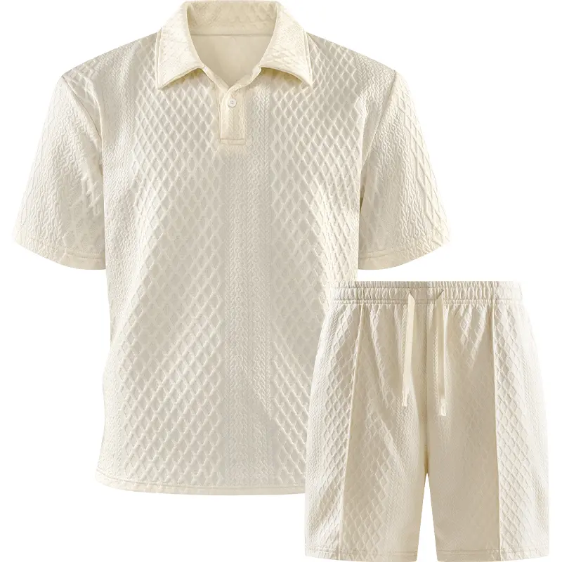 Summer Relaxation Wearing with Diamond Jacquard Polo Shirt Set for Men's Summer Casual Short sleeved Shorts Two piece Set