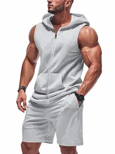 Men's Sleeveless Hooded Sports Set, Summer Comfort Zipper Vest + Drawstring Shorts, Casual Outdoor Wear, Two-Piece
