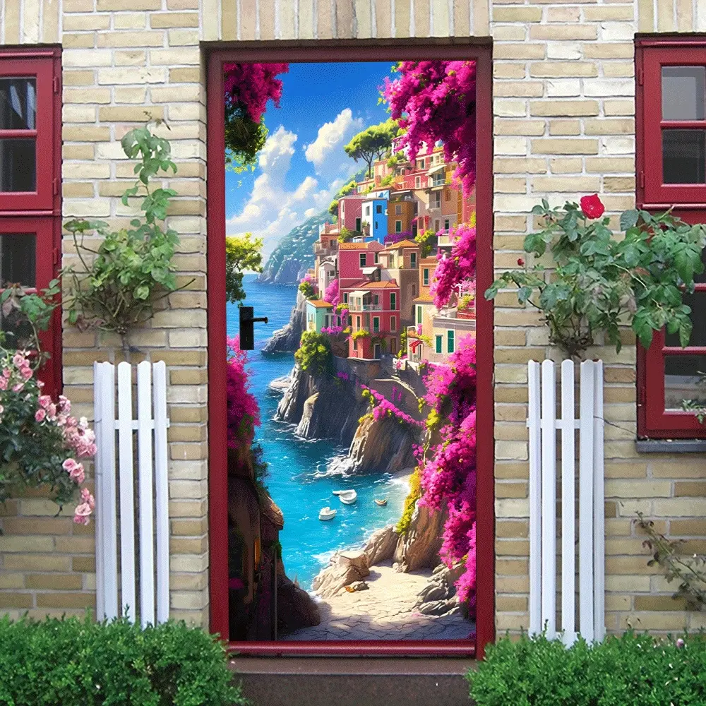 2pcs Mediterranean Style Cliff Town Wall Sticker Italian Positano Colorful Houses Seaside View Decorative Decal Self Adhesive Mural for Bedroom Living Room Waterproof Removable Wall Art Decor Sticker
