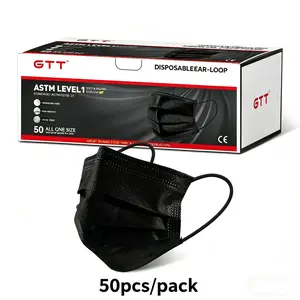 50pcs/1pack Black, GTT Disposable Face Masks 3‑Layer Protection for Adults, ≥95% Filtration, Soft Elastic Ear Loops, Breathable Daily Cover for Home Office Travel School