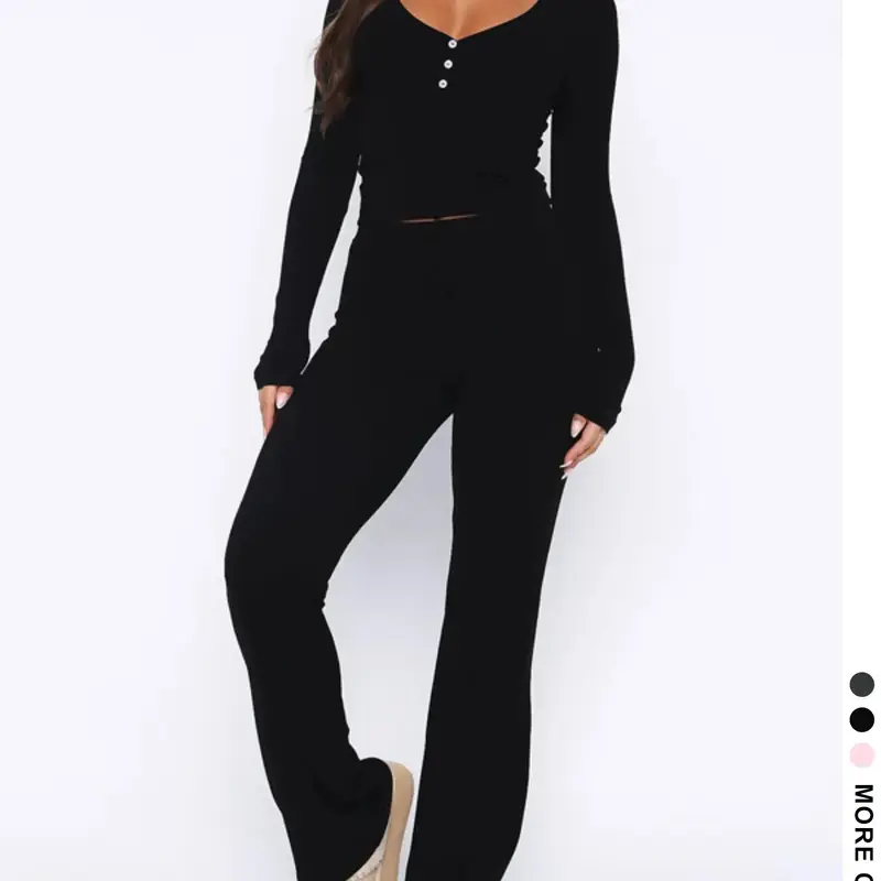 Two-piece Set Women's Lady Basic Solid Button Front Crop Tee & Drawstring Waist Flare Leg Pants, Knitted Fashion Set, Pants Set Outfit, Casual Long Sleeve V Neck Top & Bell Bottom Trousers for Spring & Fall, Women's Clothes for Daily Wear, Womenswear