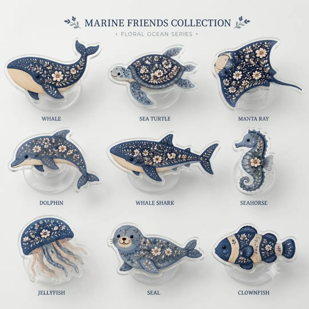 Cute Floral Ocean Marine Friends Acrylic Phone Grip For Kindle EReader Blue White Whale Sea Turtle Dolphin Jellyfish Manta Ray Kawaii Phone Stand Holder Reusable Gift Pack