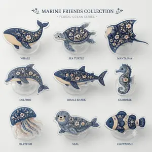 Cute Floral Ocean Marine Friends Acrylic Phone Grip For Kindle EReader Blue White Whale Sea Turtle Dolphin Jellyfish Manta Ray Kawaii Phone Stand Holder Reusable Gift Pack