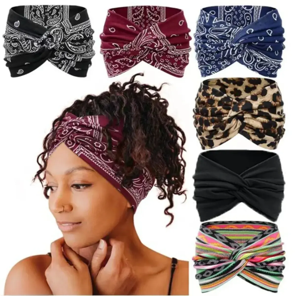 Women's 6-Pack 18cm Wider Cotton Headbands - Boho Flower Stretchy Gym Headbands, Matching Elastic Curly Training Sweatbands for Sports, Camping, Gym Headband, Stretchy Headbands tiktokshopbacktoschool