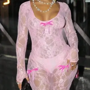 Pink Romantic Lace Bow Sheer Unitard Comfortable Fabric Womenswear Bodysuits Knitted Long Sleeve