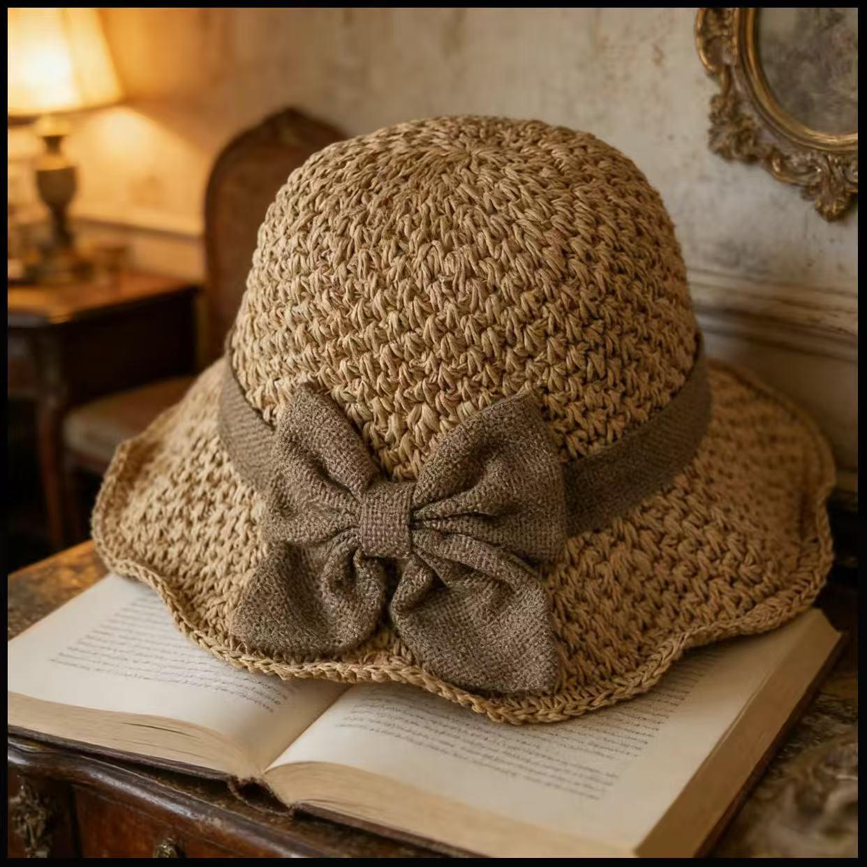 Versatile retro woven handmade straw hat withruffled bow, elegant French sun hat, foldable,breathable travel beach hat.Folds compact for easy portability.