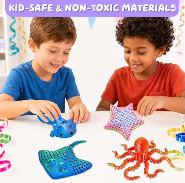 3D Printed Articulated Sea Animal Fidget Toy Set - Jointed Poses Movable Octopus, Manta Ray, Starfish - Stress Relief Sensory Desk Decor Gift for Kids & Adults