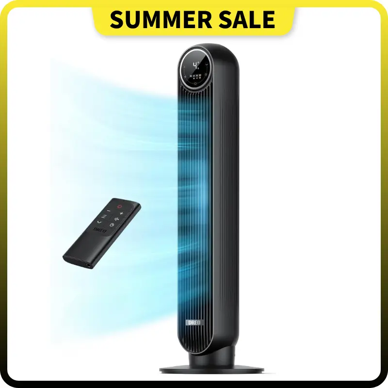DREO Tower Fan for Bedroom, 2026 Upgraded DC Motor, 28ft/s High Velocity, 20dB Ultra Quiet Standing Fan, 8 Speeds & 4 Modes, 90° Oscillating Bladeless Floor Fan for Indoor Use, with Remote Control, Black