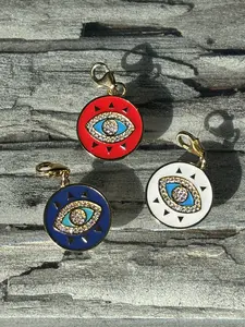 Enamel Coin Charms with CZ and Turquoise Evil Eye Multicolor Gemstone Decorated Rhinestone Pendant Jewelry for Necklaces Bracelets or Keychains