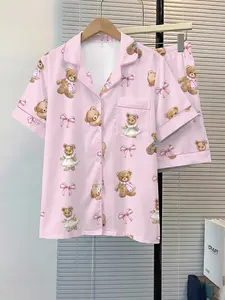 Women's Sleepwear Pajama 2-Piece Set, Bow Bear Design, Comfortable Night Home Wear, Fashion Soft Fabric, Casual Daily Use, Loungewear