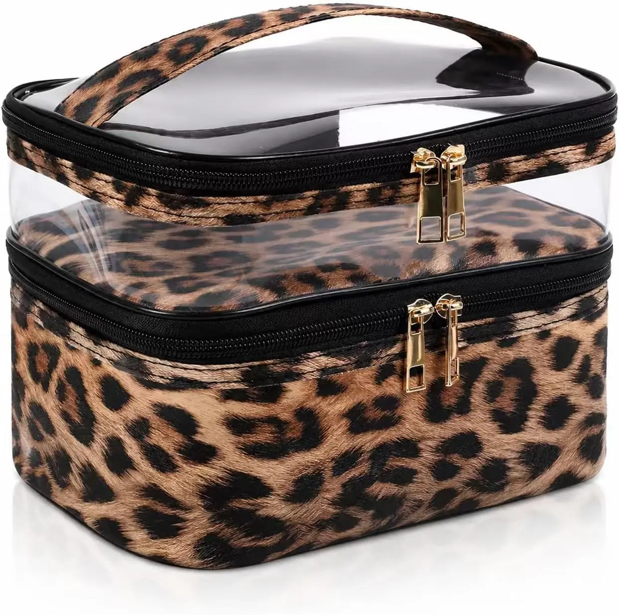 Double-layer Cosmetic Bag Makeup Bag Travel Makeup Bag Makeup Bags for Women Cosmetics Cases Portable Waterproof Foldable (Leopard)