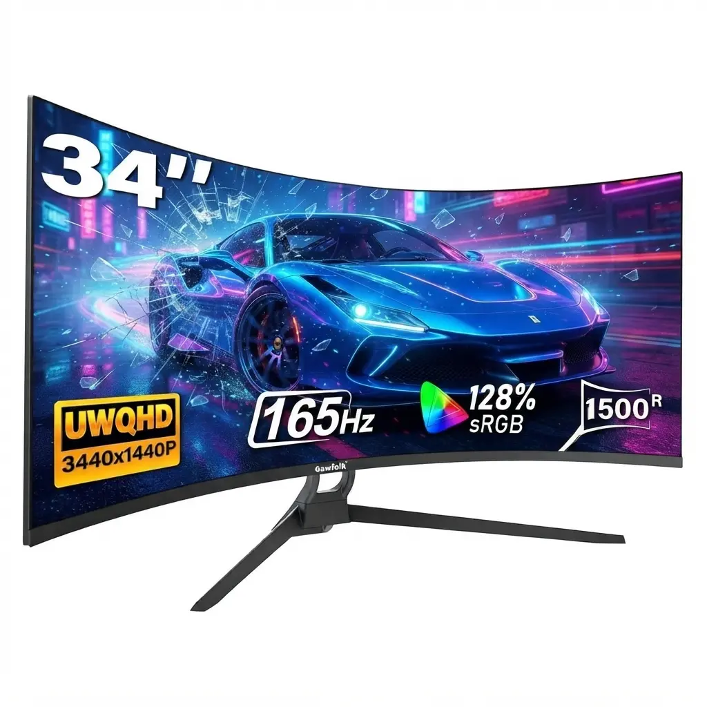 34 Inch Ultrawide Curved Gaming Monitor, 1500R PC Screen 165/180hz UWQHD 3440x1440, 3800R Curved Computer Screen with FreeSync,Multi-Directional Adjustable Base