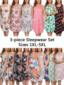 【Flash Sale】 Valentine Heart Pajama Set for Women | Plus Size Curvy Fit 3-Pack Sleeveless Tank Loungewear Nightdresses | Breathable Casual Floral Sleepwear Dresses 1XL-5XL Assorted Prints All Seasons Summer