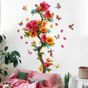 New Watercolor Style Wall Stickers Set, Colorful Flower Tree Butterfly Bird Design, Spring Summer Decor for Living Room Bedroom, Wall Art Stickers