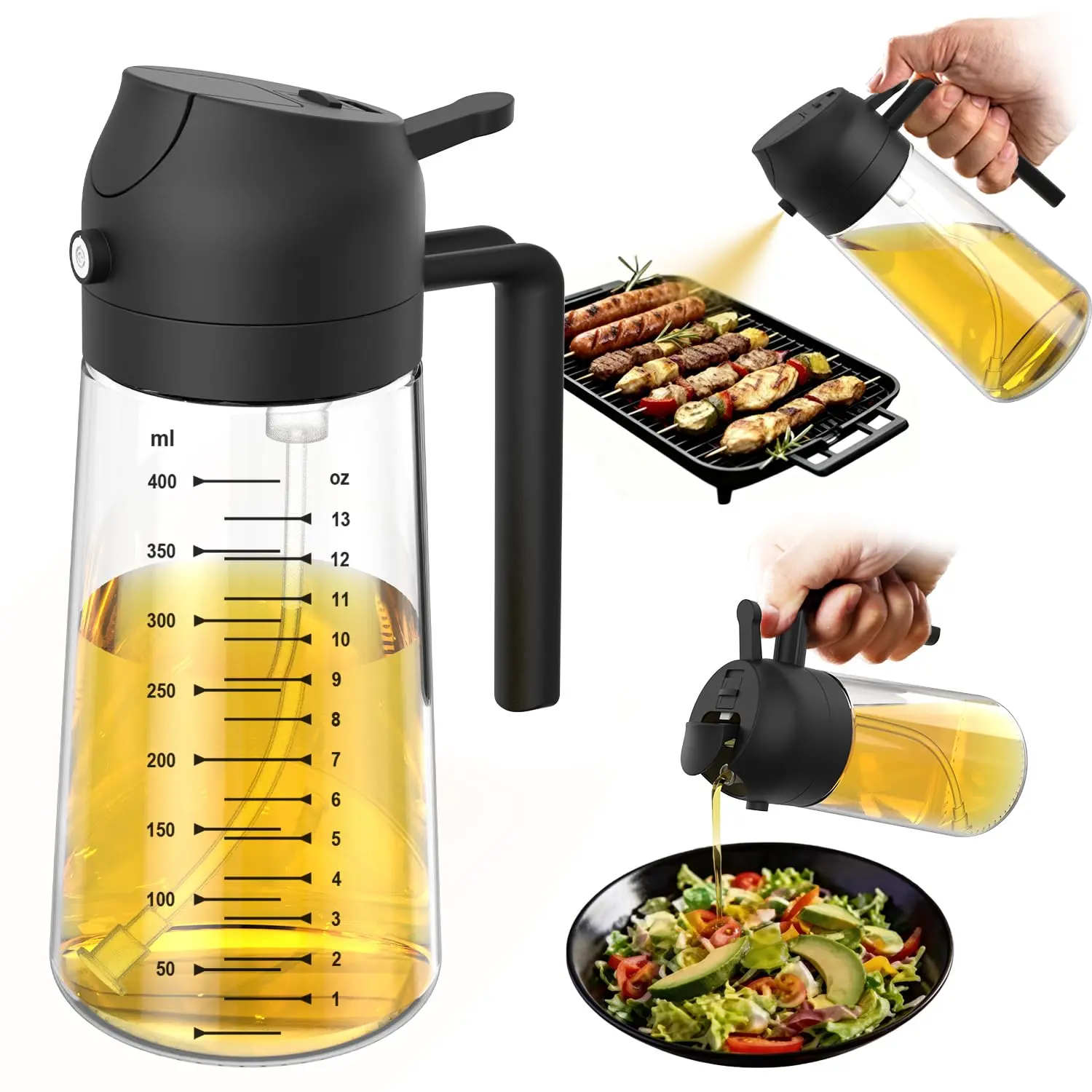 TrendPlain 16oz/470ml 2-in-1 Glass Olive Oil Sprayer & Dispenser - Kitchen Utensils for Cooking, Air Fryer Use, Salad Preparation - Black