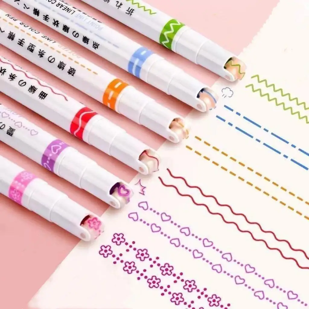 6 Counts Marker Pens Set with Unique Curve Shapes, Assorted Colors, Ideal for Note Taking and Creative Drawing