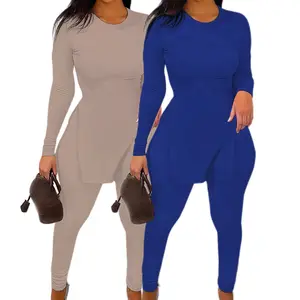 2025 New Plus Size Two-Piece Set - Elegant Solid Color Round Neck Long Sleeve Top & Elastic Waist Pants, Office Casual Matching Outfit，Simple & Atmospheric Workwear for Curvy Women