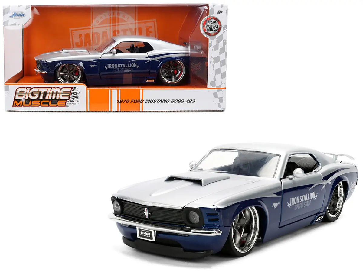 1970 Ford Mustang Boss 429 Silver and Dark Blue 1:24 Diecast Model Car by Jada Toys