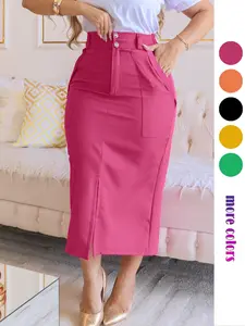 Women's Plain Split-Thigh Fitted Pencil Skirt with Pockets, Elegant High-Waisted Long Skirt for Office Work and Business, All-Season Ladies' Clothes