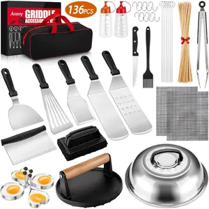 Griddle Accessories Kit - 136PCS Flat Top Grill Accessories for Blackstone and Camp Chef Metal Spatula Tools Set with Burger Press Scraper Tongs Carry Bag for Outdoor Grilling BBQ Cooking
