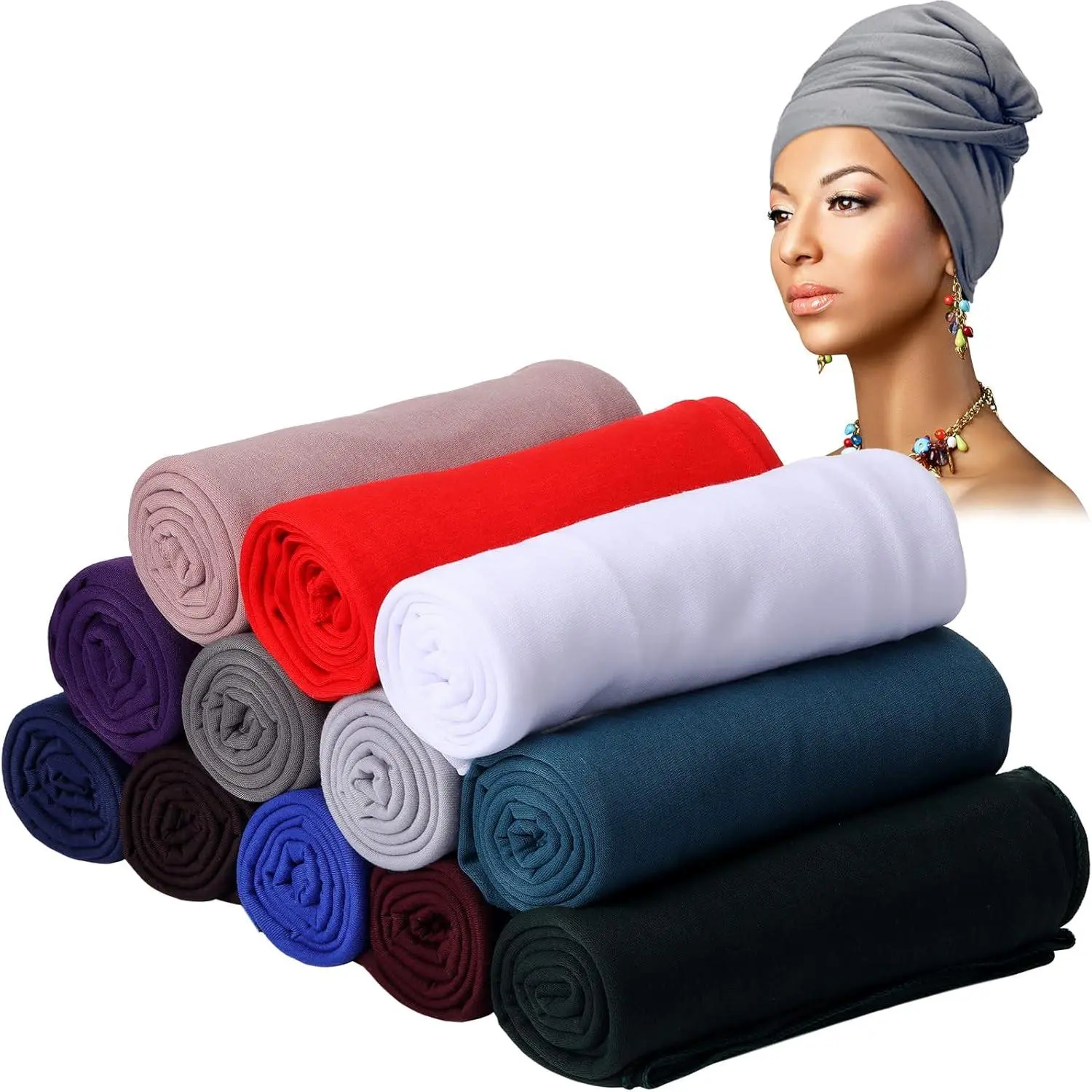 12 count Extra Long Stretch Jersey Turban Head Wrap Knit  Fashion Headband Long Hair Scarf Breathable Solid Color Turban Tie for Black Women