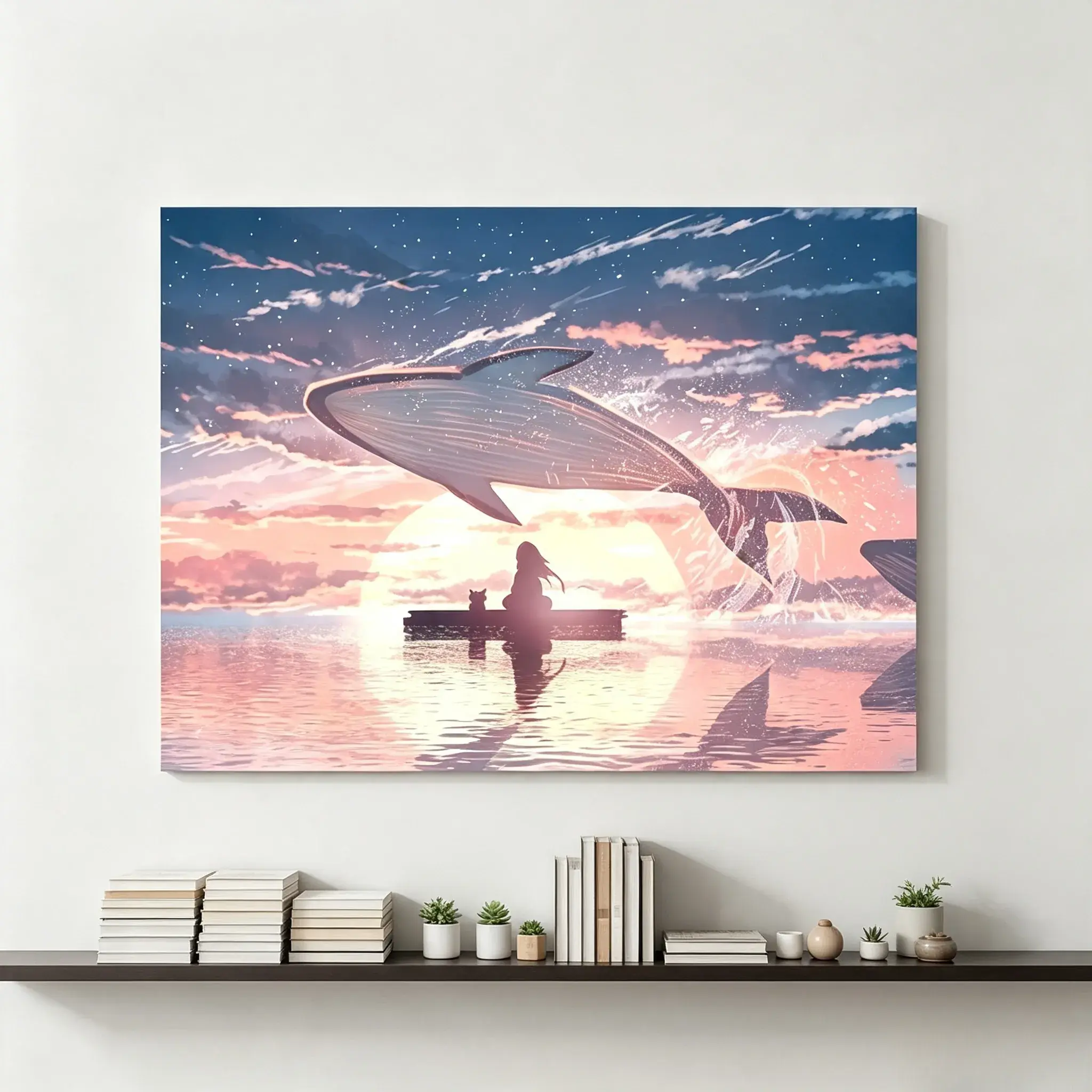 Canvas Wall Art, Anime Flying Whale Sunset Print, Fantasy Ocean Girl & Cat Canvas, Unframed Dreamy Landscape Poster, Modern Bedroom Living Room Decor