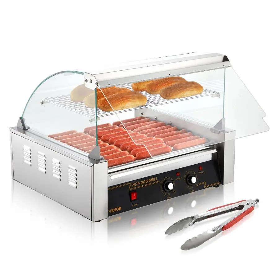 VEVOR Stainless Steel Hot Dog Roller Grill Cooker Machine, 11 Rollers, 30 Hot Dogs Capacity, 1650W, Dual Temp Control, Glass Hood, Acrylic Cover, Bun Warmer Shelf, Removable Drip Tray, ETL Certified for Grilling Sausages