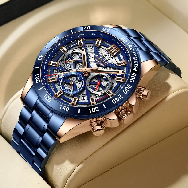 LIGE Men's Quartz Stainless Steel Watch - Chronograph, Waterproof, Luminous, Modern Blue Fashion Men's Watch, Men's Watches