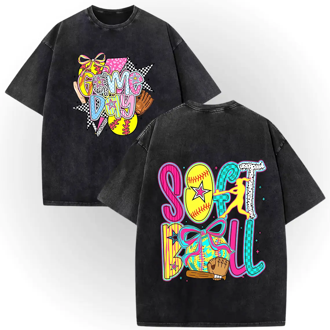 Softball Game Day T-Shirt – 100% Cotton Vintage Wash Double-Sided Print, Brushstroke Softball Bow Design. Perfect For Game Day # TikTokMadeMeBuyIt # GiftIdeas # GiftForHer # GiftForMom