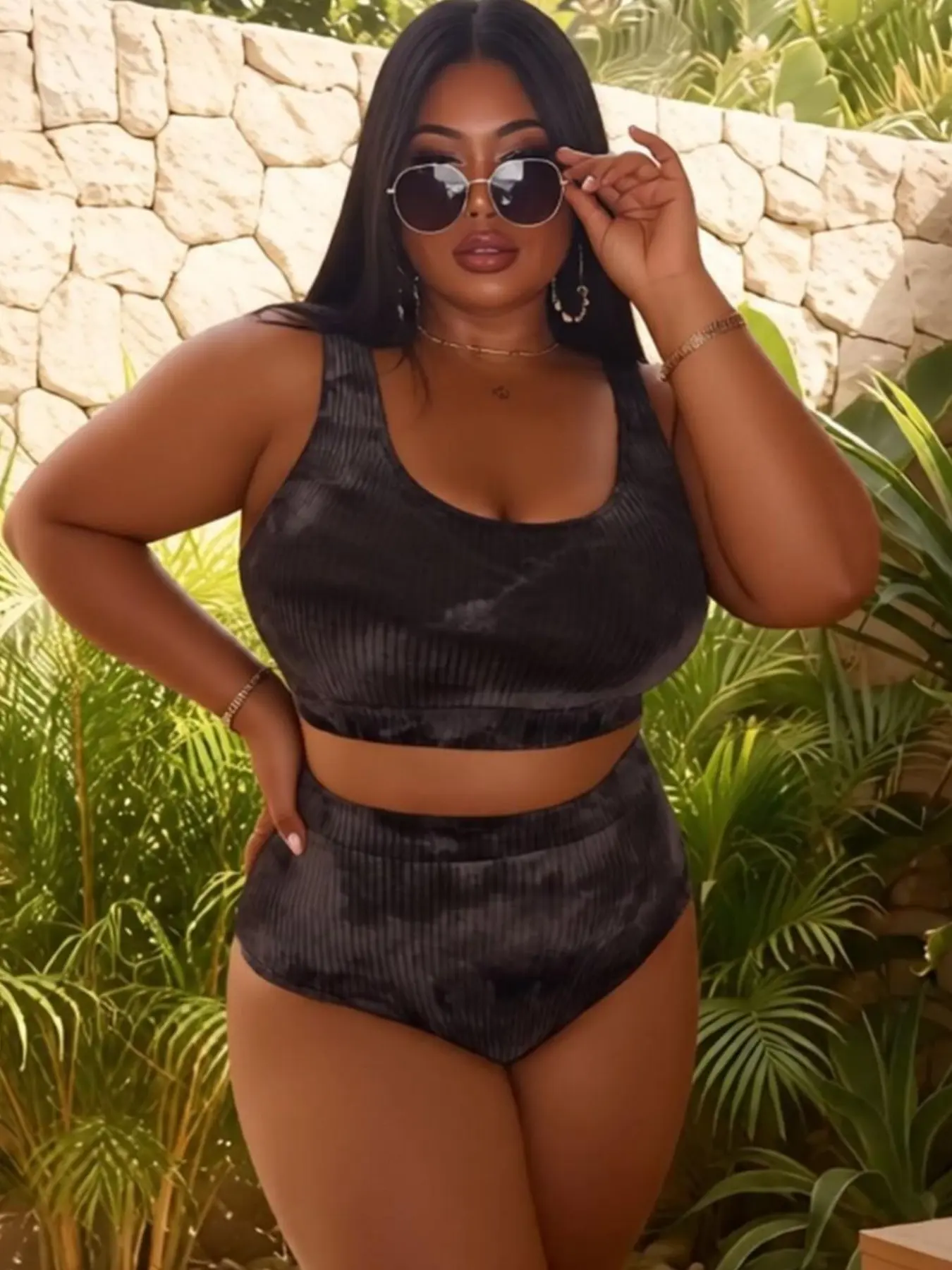 New European Style Plus Size Tie Dye High Waist Swimsuit Bikini Set, Trendy Summer Vibes, Perfect for Beach Pool Vacation, Stretchy Swimwear
