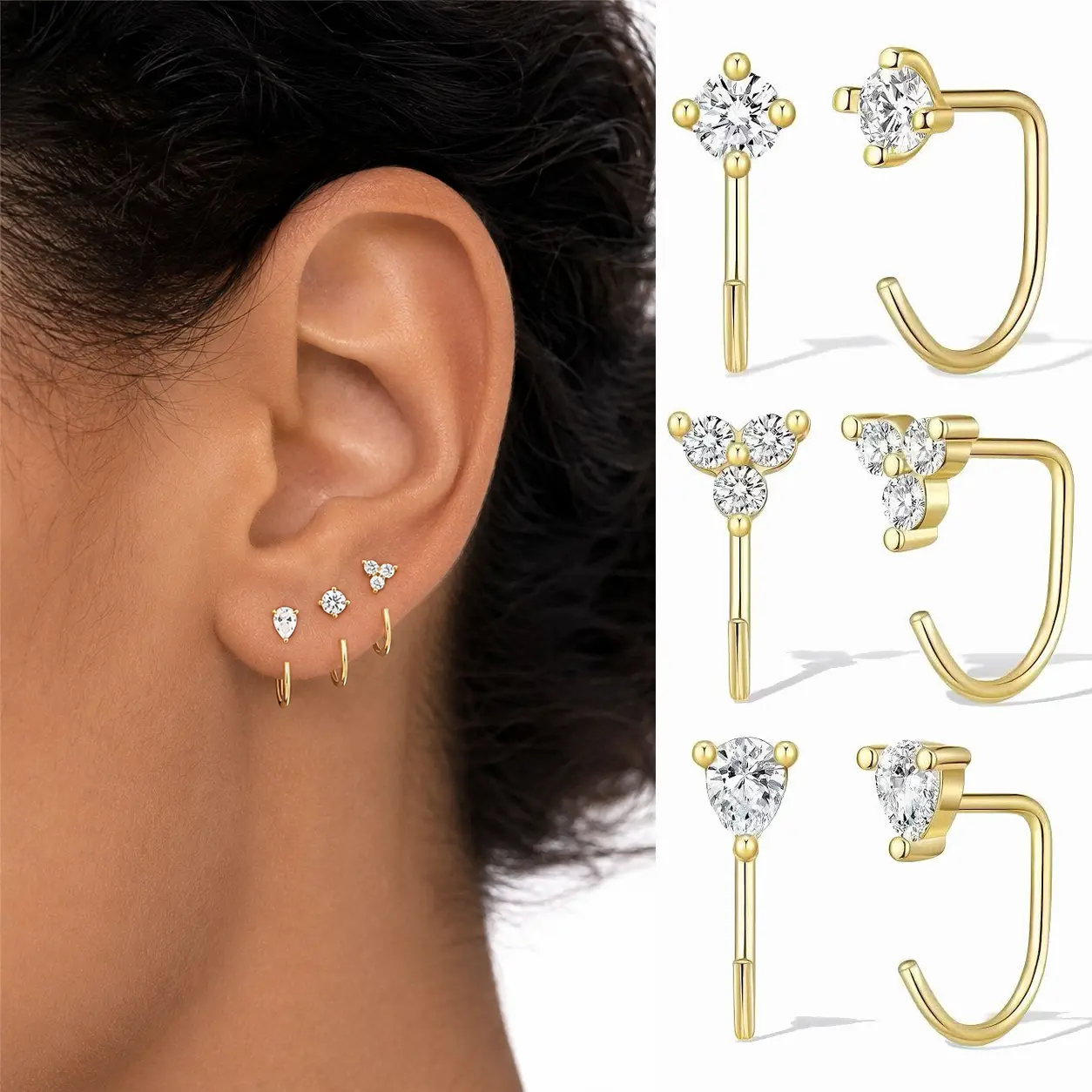 3Pcs/3Pairs Backless Half Hoop Earrings for Women Sets, 14k Gold Plated | Stay Closed Open Hoop Earrings Stack, Small No Back Poke Free Huggies, Comfort Fit Sleep Jewelry, Hypoallergenic Lightweight