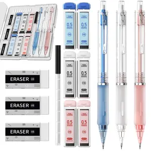 Four Candies 3PCS cute mechanical pencil set, 3PCS colored transparent mechanical pencils, 0.5mm, 360PCS HB lead core filling, 3PCS eraser, 9PCS eraser filling, for student school use stationary