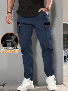Men's Outdoor Loose Cargo Pants with Durable Polyester Fabric, Multi-Pocket Design, Adjustable Drawstring Waistband for Hiking and Camping, Athletic Bottoms