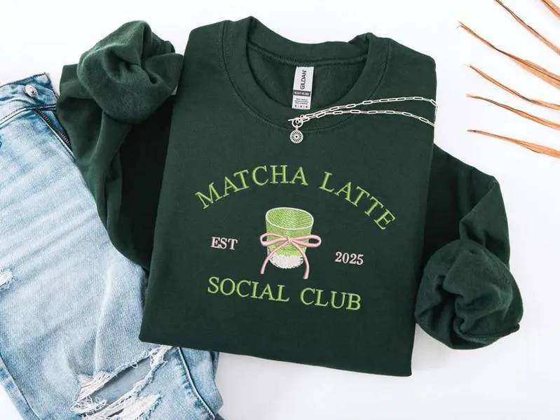 Embroidered Matcha Lover T-shirt Sweatshirt, Matcha Drink Hoodie, Embroidered Sweatshirt, Matcha Coquette Era, It girl Sweatshirt, Embroidery