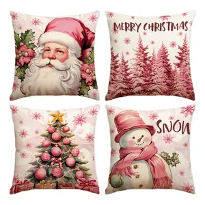 4pcs pink Christmas pillowcases, Santa Claus pink snow pine forest Christmas happy sofa cushion cover, 18x18 inches set of 4, pink Christmas tree snowman pillow cover, winter farmhouse party decoration, Christmas decorations (without pillow core)