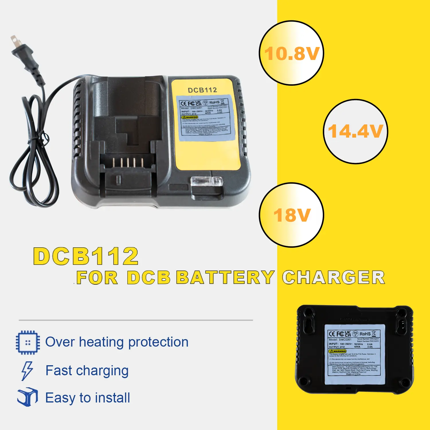 Dewalt DCB112 Replacement Lithium Battery Charger - 12V/18V/20V Max, 2A Fast Charging, Fire-Resistant ABS, for Power Tools & Workshop Stations, Replacement Charger