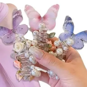 3 butterfly phone cord hair ties, suitable for girls, with cute bead floral design, adorable hair band accessories, for everyday and party wear