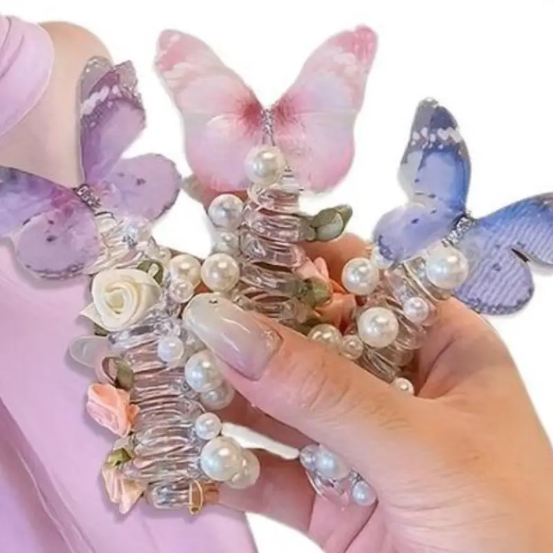 3 butterfly phone cord hair ties, suitable for girls, with cute bead floral design, adorable hair band accessories, for everyday and party wear