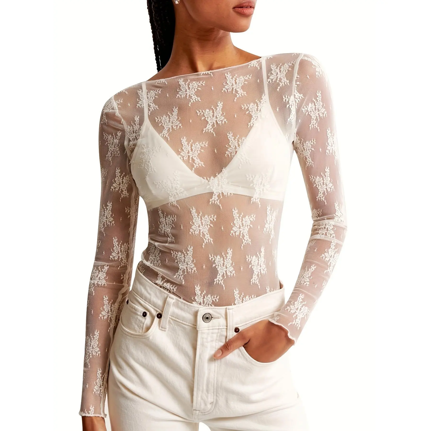 Lady's Longsleeves Nylon Chic Mesh Blouse - S-XXL Women's Boat Neck See-Through Sheer Top with Lace Embroidery