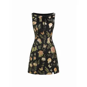 Cider Jacquard Floral Boat Neck Cut Out Mini Dress