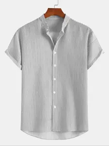 Men's Striped Print Button Up Shirt, Casual Shirt, Regular Fit Short Sleeve Collared Top for Summer, Men's Clothes for Beach Vacation, Button Down Shirt, Menswear