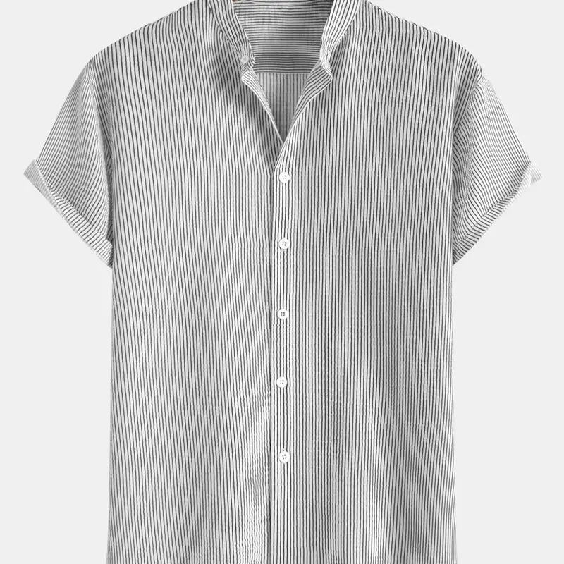 Men's Striped Print Button Up Shirt, Casual Shirt, Regular Fit Short Sleeve Collared Top for Summer, Men's Clothes for Beach Vacation, Button Down Shirt, Menswear