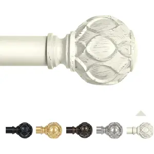White Farmhouse Curtain Rods for Windows: 36-88" Heavy Duty Adjustable Curtain Rod for Bedroom Living Room, Boho Decorative Rustic Drapery Rods with Vintage Coastal Texture Finials, Antique White