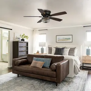 Parrot Uncle 48" Modern Flush Mount Reversible Crystal Ceiling Fan with Lighting & Remote Control Glam Crystal Details Reversible Blades Remote-Controlled Light Modern Flush Mount Style