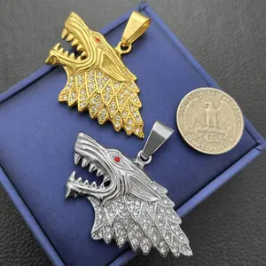 Wolf Head Iced Stainless Steel CZ Charm Pendant High Quality Polished - Fits up to 7mm Chain Gold Silver Options 55mm x 25mm Unisex