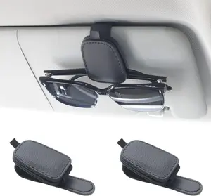 2-Pack Magnetic Sunglasses Holder for Car Visor | Leather Eyeglass Clip & Ticket Card Holder | Universal Car Visor Organizer Accessory (Black)
